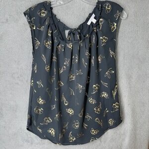 LC Lauren Conrad Women's XS Gray Gold Floral Sleeveless Tie Back Blouse Top